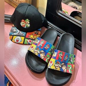 Super Mario Nintendo Black and Multicolor Character Slides & cap
